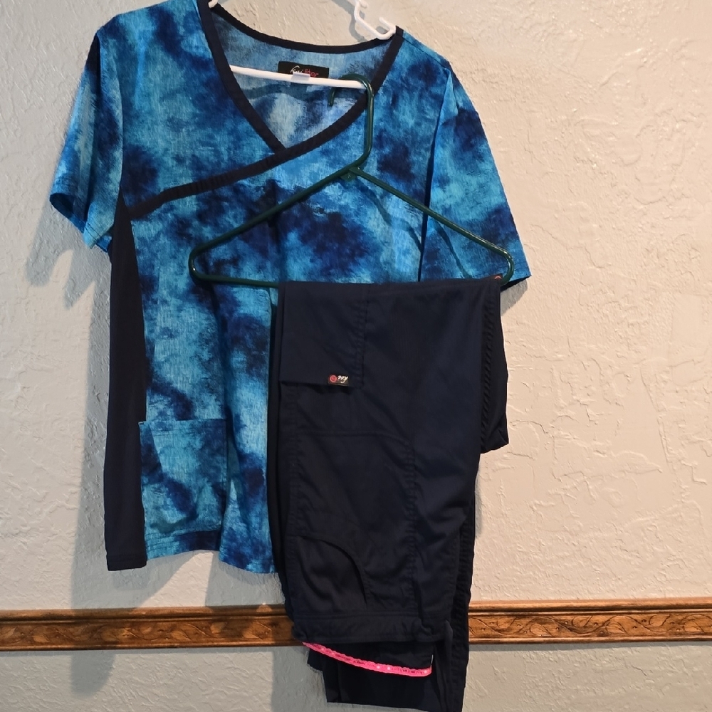 Blue Tie-Dye Scrub Top and Navy Pants Set